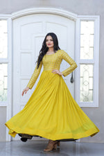 Thumbnail for Jyoti Fashion Women's Yellow Sequence Zari Embroidered Faux Blooming Anarkali Dress - Distacart