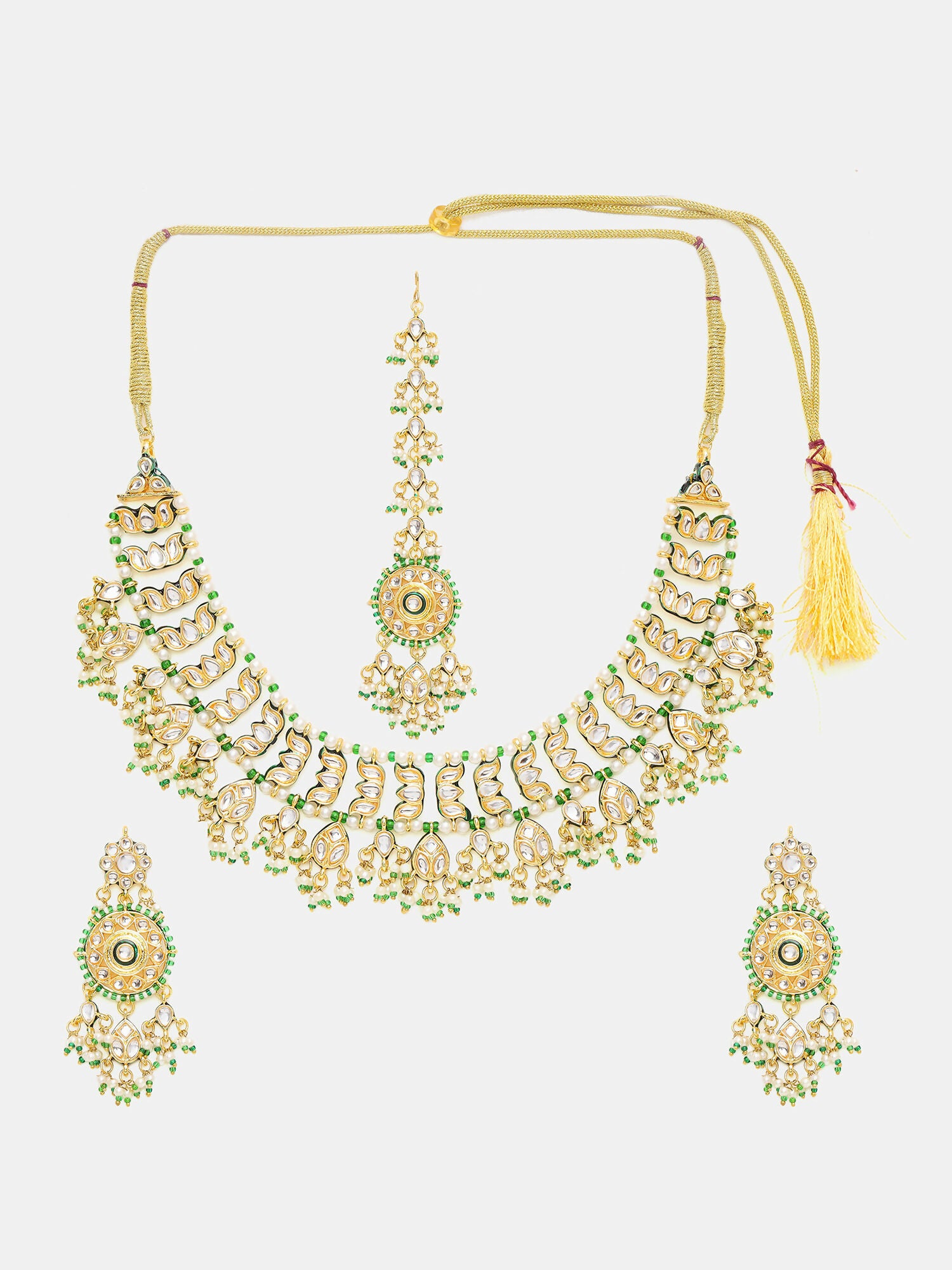 Ruby Raang Gold Polished Kundan Work Gold Kundan Collar Necklace With Earrings & Maang Tikka
