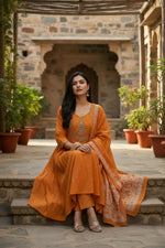 Thumbnail for The52 Women's Beautiful Cotton Fabric Embroidery Work Flared Anarkali Pant and Dupatta Set - Distacart