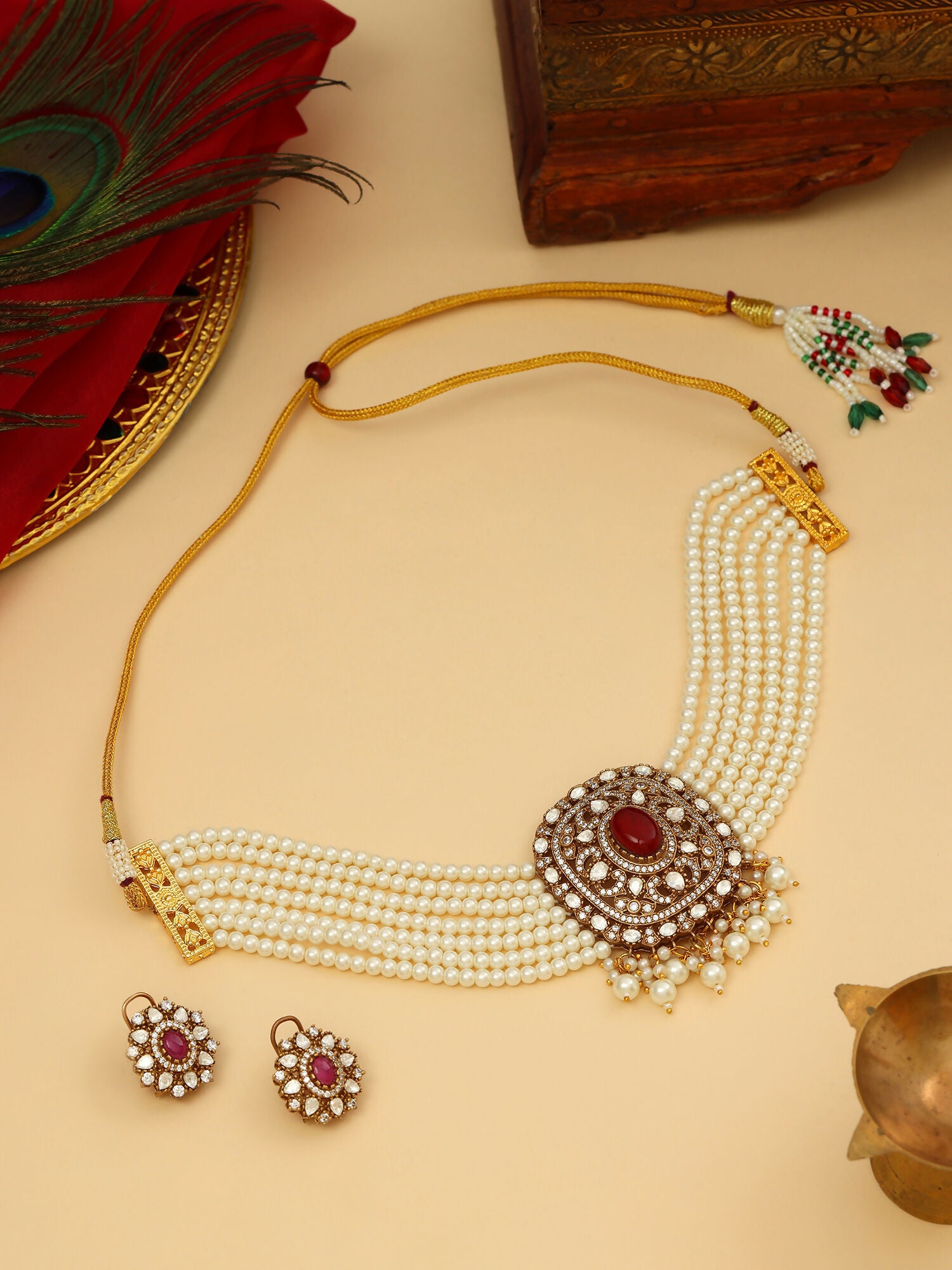 Ruby Raang 22k Gold Polished Pearl And Kundan Necklace With Stud Earrings