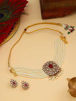 Thumbnail for Ruby Raang 22k Gold Polished Pearl And Kundan Necklace With Stud Earrings