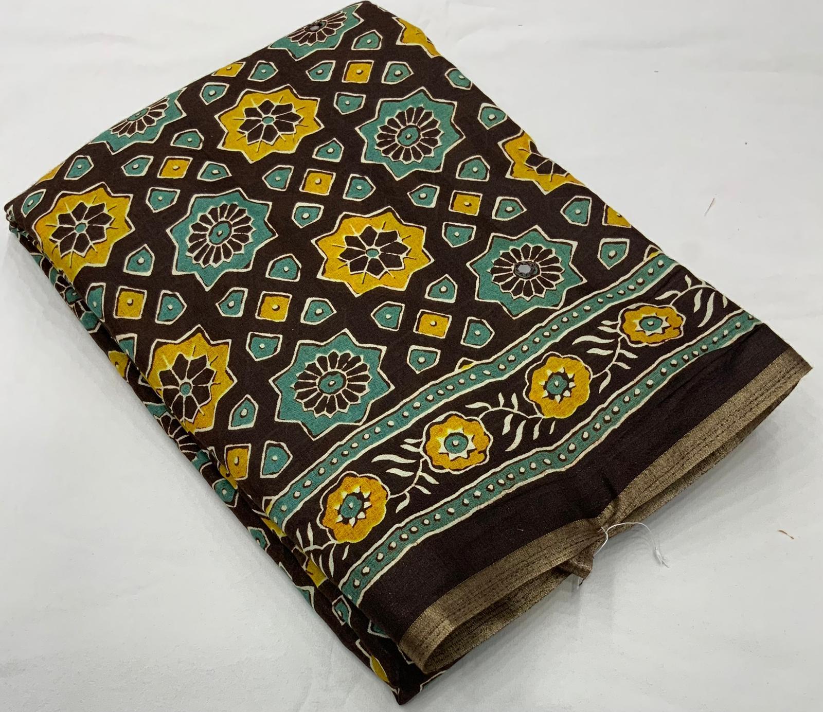 Coffee Cotton Blend Ajrak Saree with Unstitched Blouse - A2M - Distacart