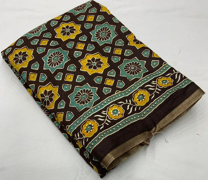 Coffee Cotton Blend Ajrak Saree with Unstitched Blouse - A2M - Distacart
