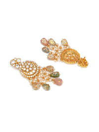 Thumbnail for Long Kundan Neckpiece with Earrings & Maang Tikka with Multi Stones Jewellery Set (Gold) - Ruby Raang - Distacart