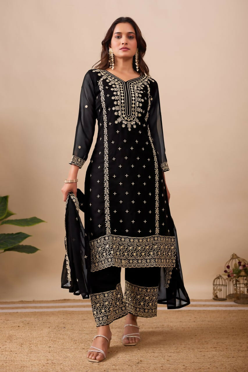 Joban Fashion Black Velvet Embroidery Sequence Work Readymade Kurta Set - Distacart