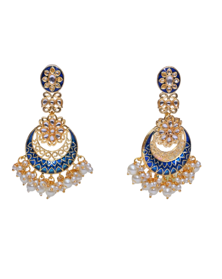 Blue Gold-Polished Beautifully Enamelled Stylish Kundan & Pearl Dangle Women Earrings|Meenakari Chandbali Traditional Ethnic Wear Earrings By House of Ree - Distacart