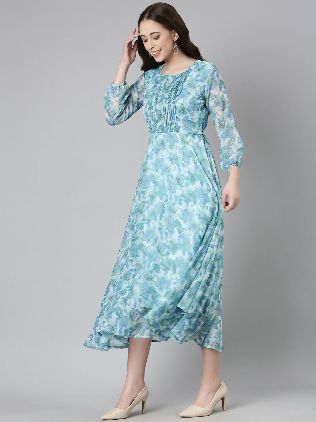 Souchii Blue Floral Chiffon Maxi Dress