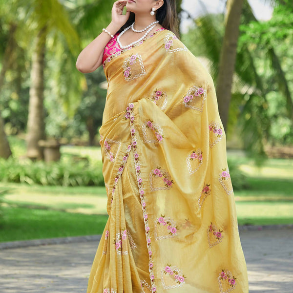 Teeya Creation Yellow Color Pure Paper Silk Heavy Embroidery Work Wedding Wear Saree - Distacart