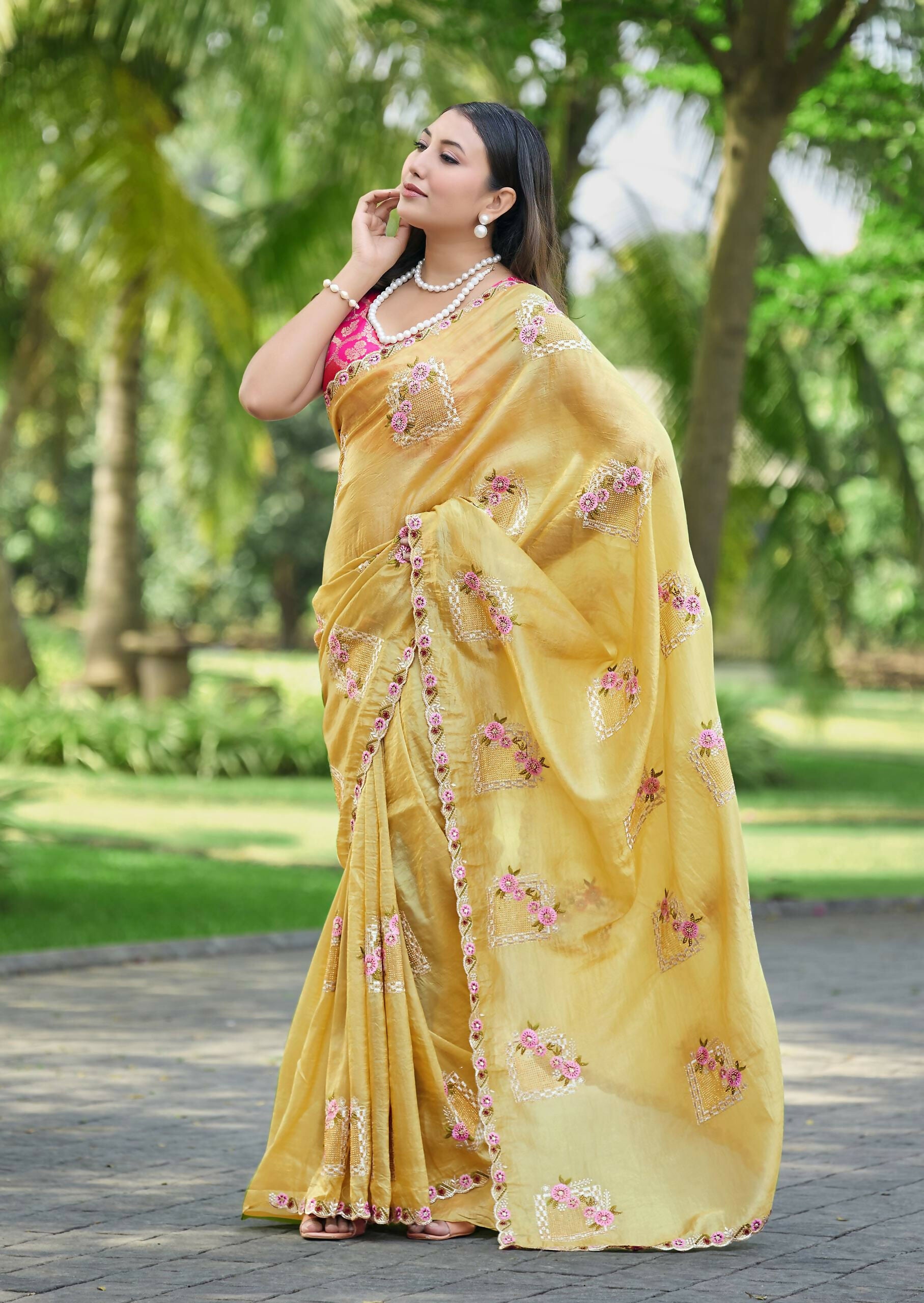 Teeya Creation Yellow Color Pure Paper Silk Heavy Embroidery Work Wedding Wear Saree - Distacart