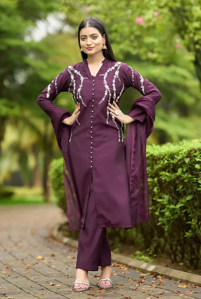 Nikhaar Violet Embroidered Art Silk Straight Cut Readymade Pakistani Suit