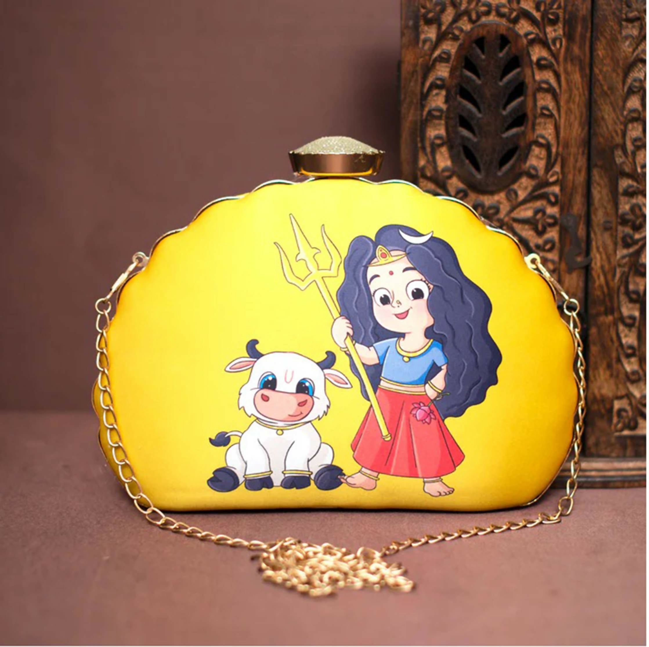 Joban Fashion Yellow Durga Printed D-Shape Clutch - Yellow