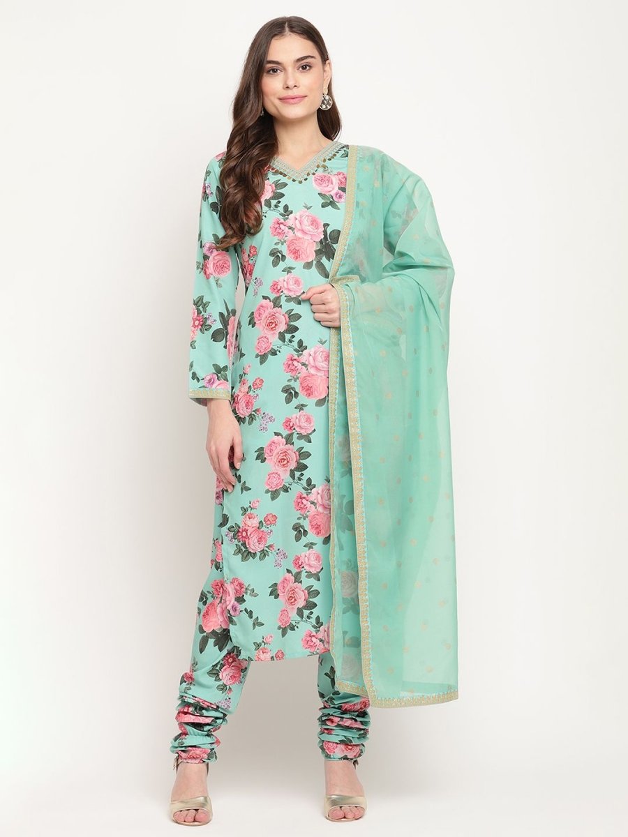 Ahalyaa Women Green Floral Printed Regular Kurta Churidar Set & With Dupatta