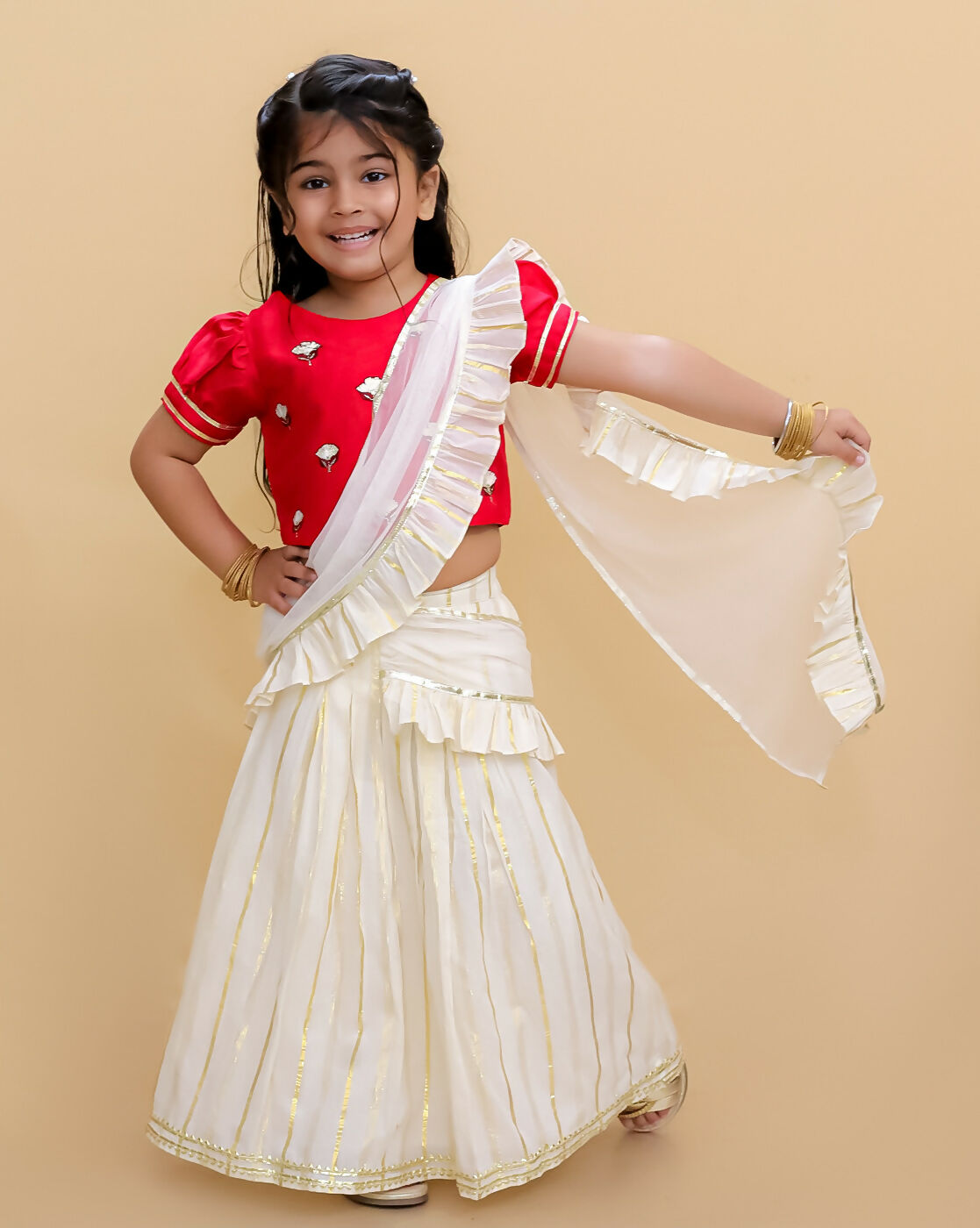 Lil Drama Festive Girls Stylish Off White Lehenga with Red Choli and Dupatta Set - Distacart