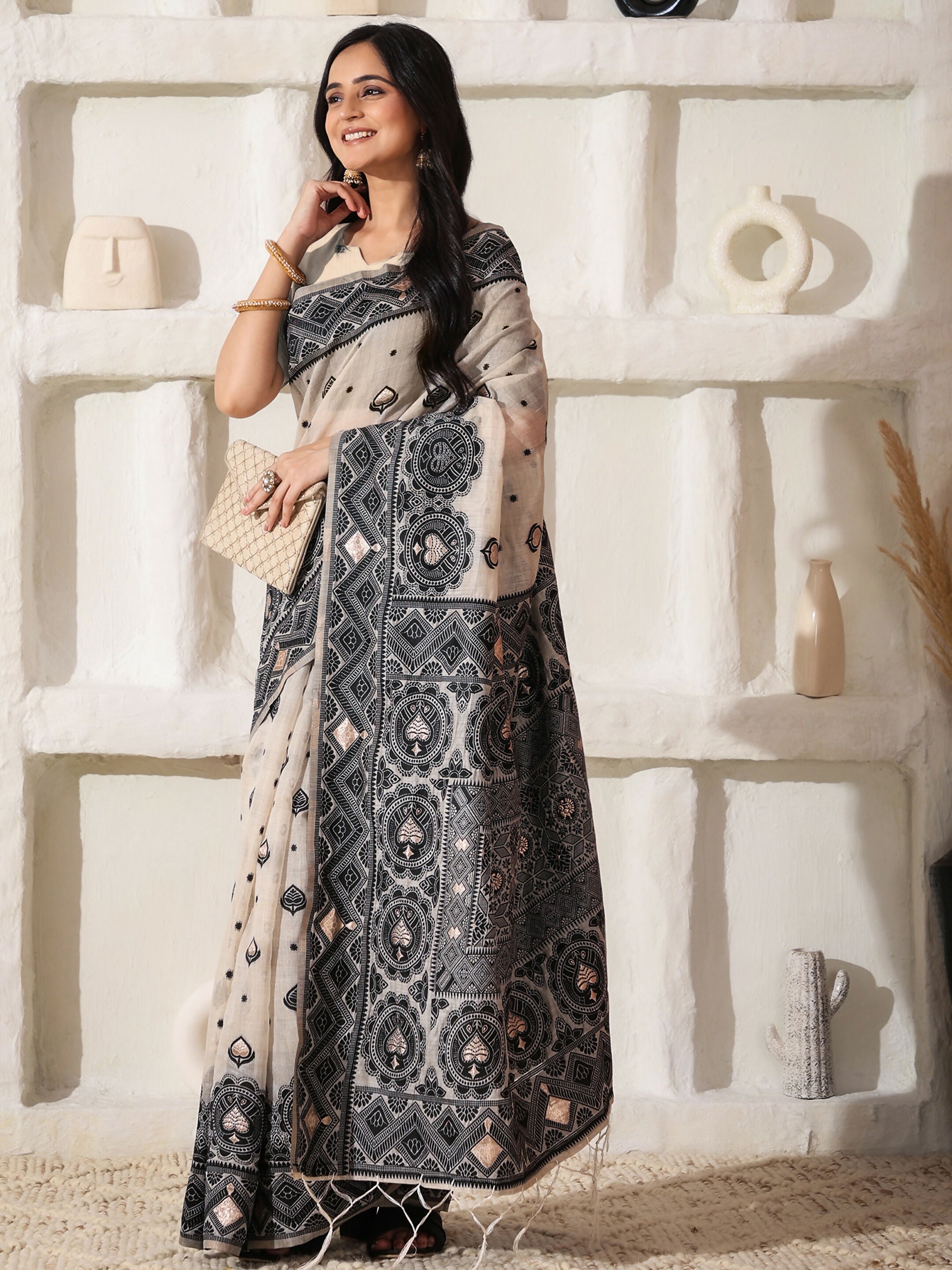 Astita Linen Cotton Black & Cream Saree