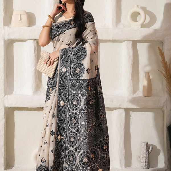 Astita Linen Cotton Black & Cream Saree