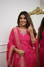 Thumbnail for The52 Gajri Women's Gorgeous Embroidered Viscose Chanderi Fabric Straight Kurta Pant with Dupatta Set - Distacart