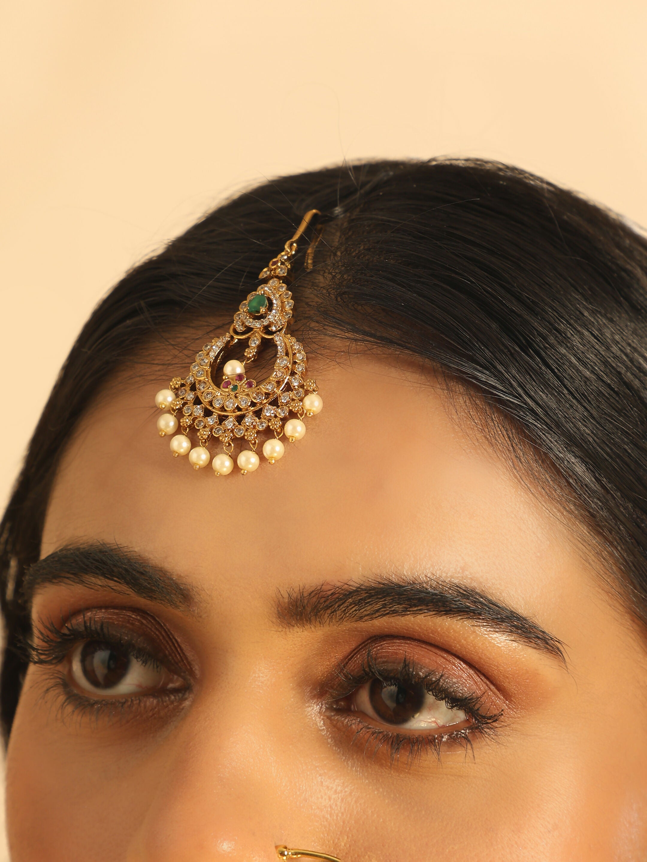 Nuyug 18K Gold Plated Ethereal Pearl Drops Maang Tikka
