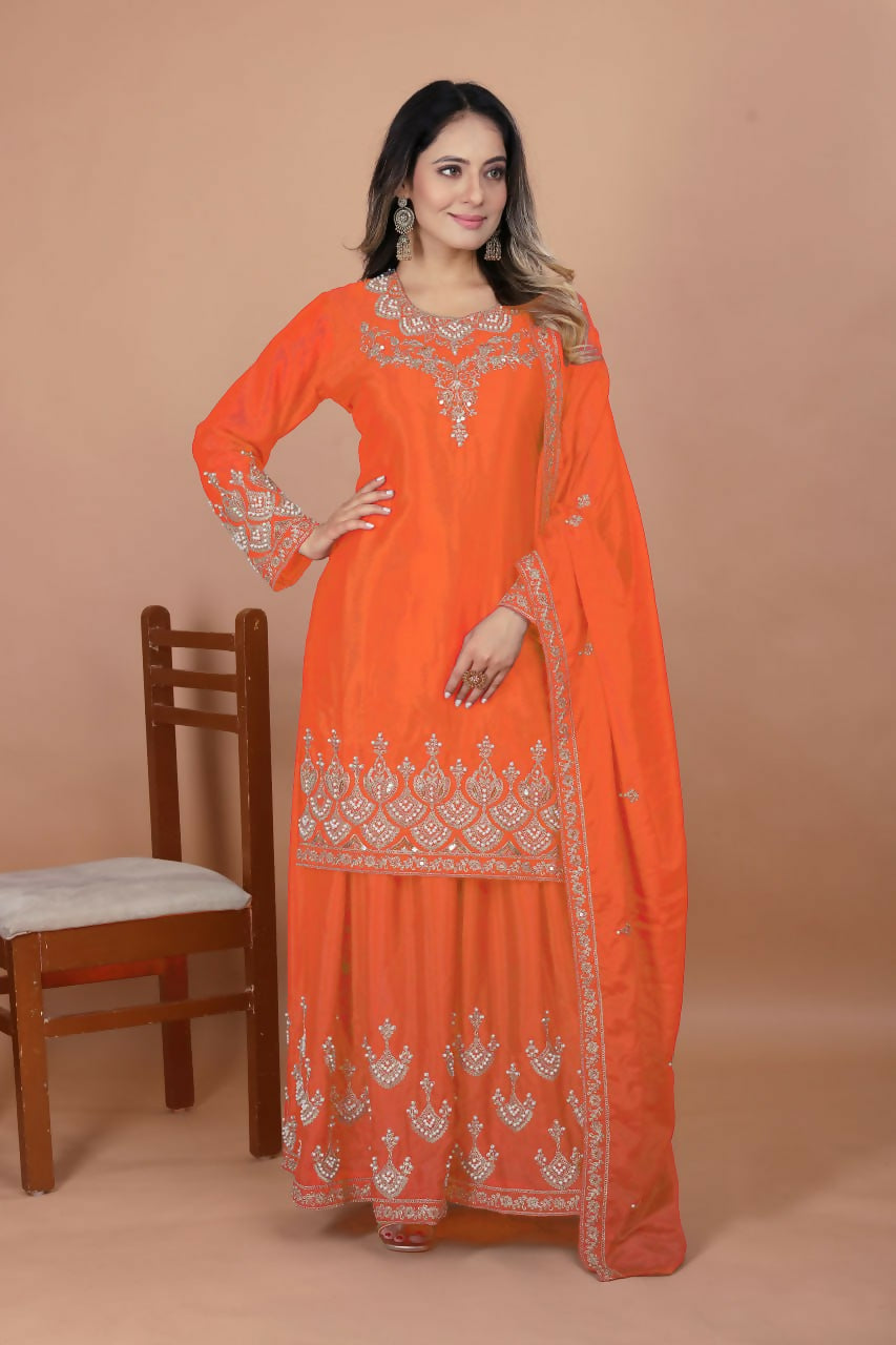 Teeya Creation Orange Chinon Embroidery Work Party Wear Palazzo Suit - Distacart