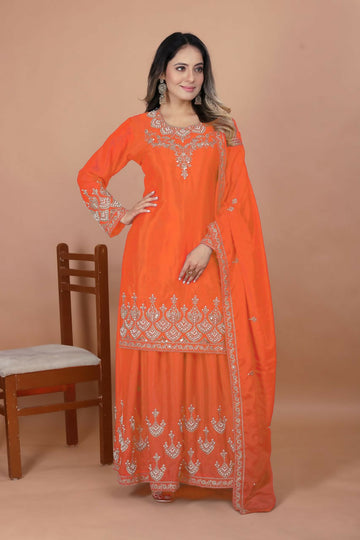 Teeya Creation Orange Chinon Embroidery Work Party Wear Palazzo Suit - Distacart