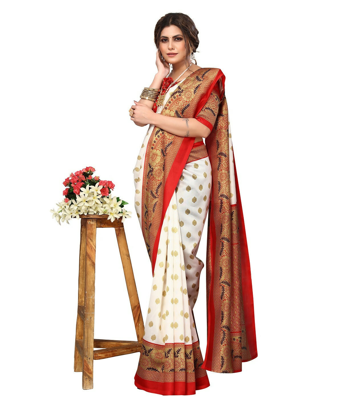 Vamika white & red Printed Art Silk Saree - Distacart