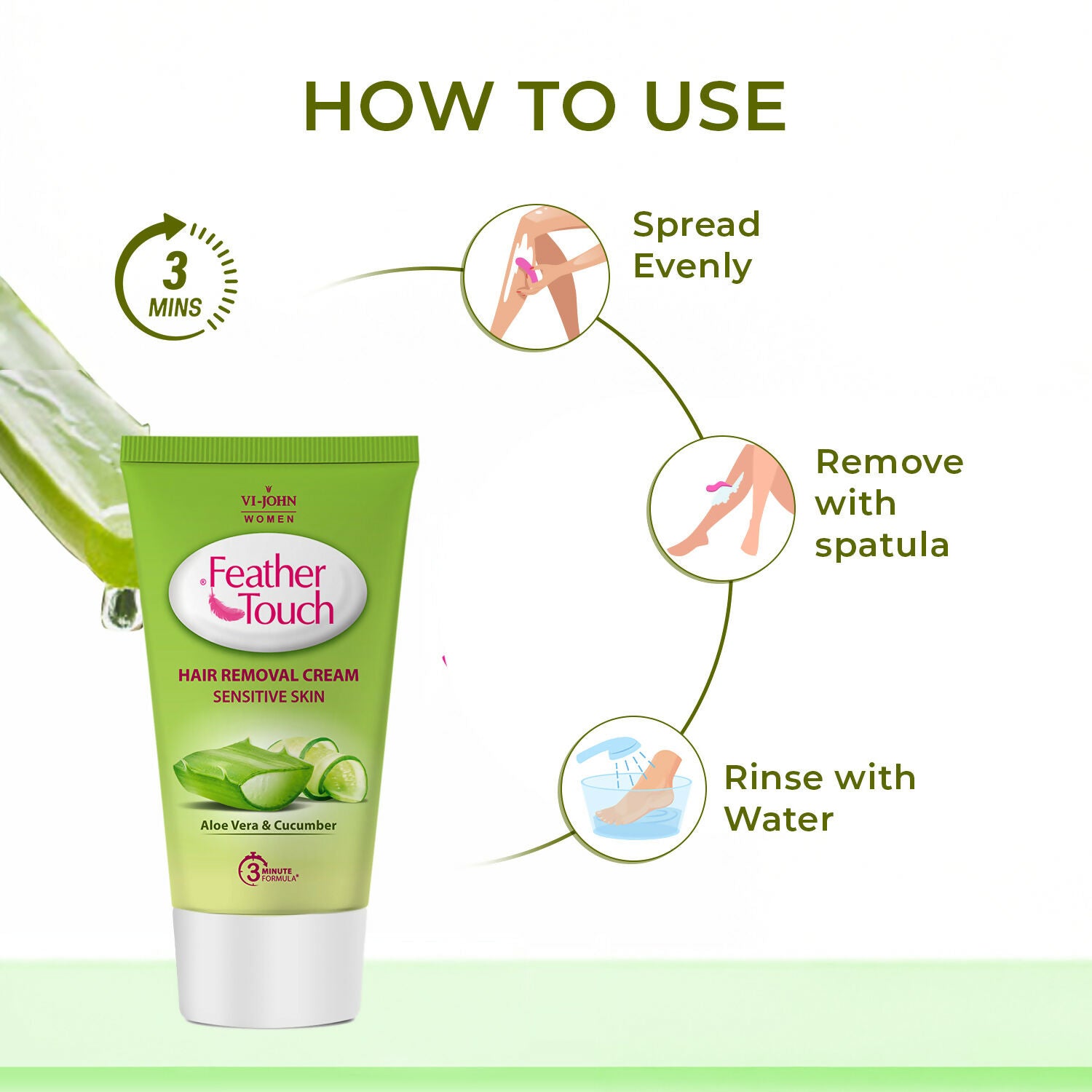 VI-JOHN Feather Touch Cucumber & Aloevera Hair Removal Cream for Women for Sensitive Skin Suitable for Legs, Underarms, Bikini Line, Arms