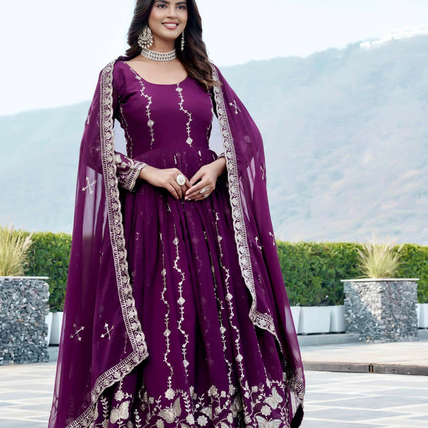 Teeya Creation Womens New Trendy Heavy Cording Sequence & Beads Embroidery Work Purple Gown Set - Dista
