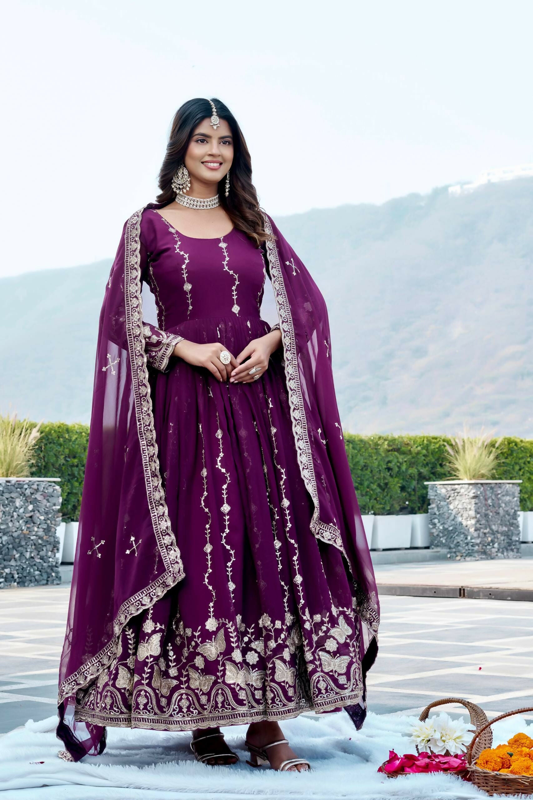 Teeya Creation Womens New Trendy Heavy Cording Sequence & Beads Embroidery Work Purple Gown Set - Dista