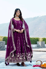 Thumbnail for Teeya Creation Womens New Trendy Heavy Cording Sequence & Beads Embroidery Work Purple Gown Set - Dista