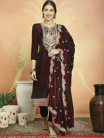 Thumbnail for Aastha Fashion Women's Maroon Velvet Cording with Resham Thread & Sequin Kurta with Trouser & Dupatta - Distacart