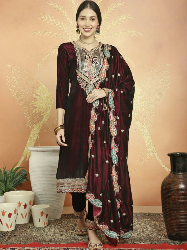 Aastha Fashion Women's Maroon Velvet Cording with Resham Thread & Sequin Kurta with Trouser & Dupatta - Distacart