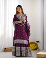 Thumbnail for Joban Fashion Wine Kurta Set Silk Sequins , Zari, Coding & Thread Embroidered work - Distacart