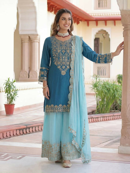 Teeya Creation Sky Chinon Silk Designer Wedding Wear Embroidery Work Palazzo - Distacart