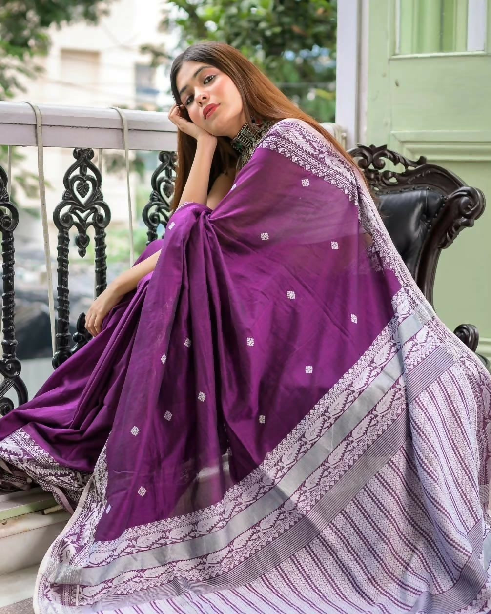 Exclusive Collection Purple Most Trending Beautiful Pure Cotton Handloom Saree - Dista