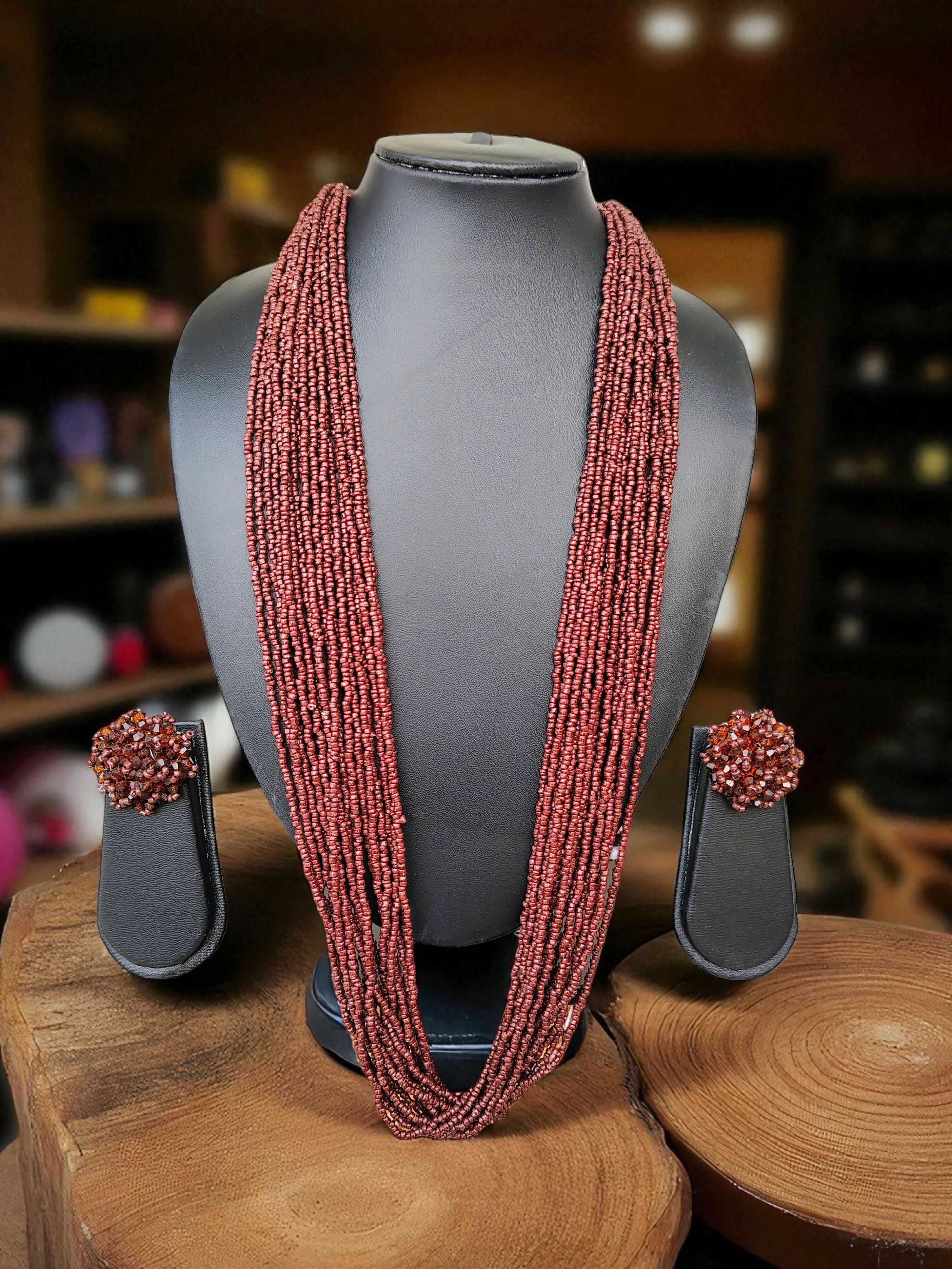 Inhanns Rangsaaz 20-Layer Luxe Long Beaded Necklace (With Optional Statement Earrings) - Coffee Brown With Earring - Distacart