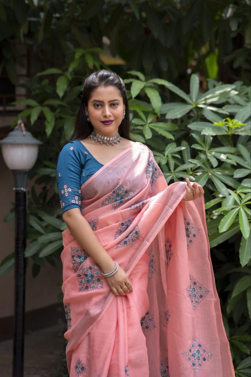 Brick Pure Linen Ethnic Motifs Saree with Unstitched Blouse - Hiral Fashion - Distacart