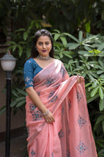 Thumbnail for Brick Pure Linen Ethnic Motifs Saree with Unstitched Blouse - A2M