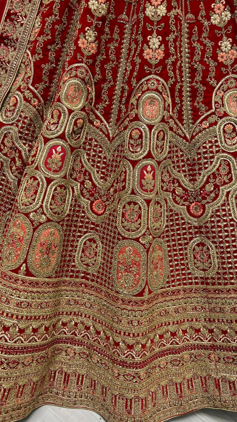 Jyoti Fashion Women's Red Velvet Multi Thread Embroidered with Zircon Diamond Wedding Lehenga Choli - Distacart