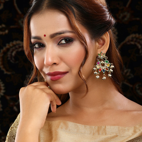 Ruby Raang Gold Polished Multi-Color Navratan Kundan Earrings