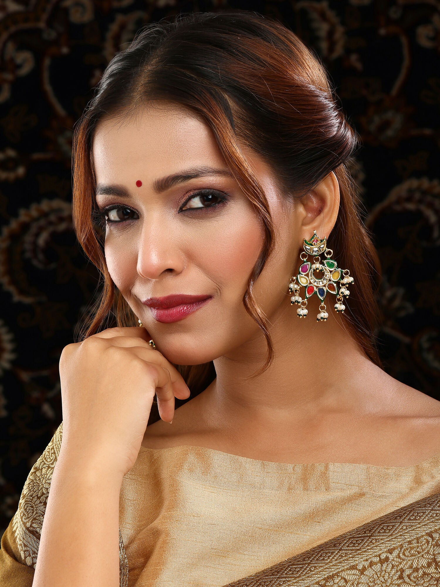 Ruby Raang Gold Polished Multi-Color Navratan Kundan Earrings - Dista