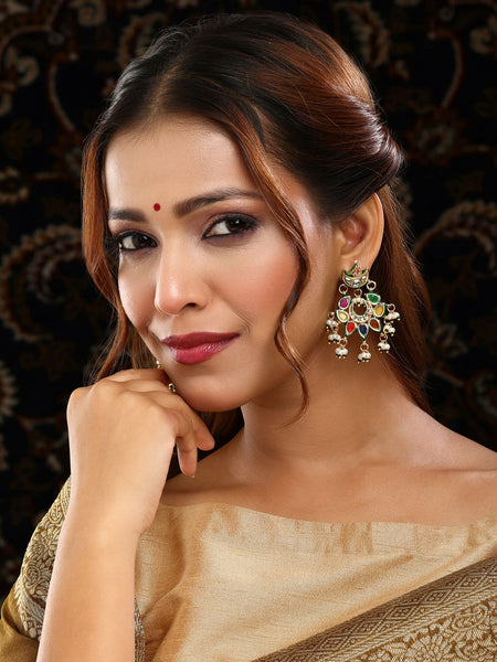 Ruby Raang Gold Polished Multi-Color Navratan Kundan Earrings