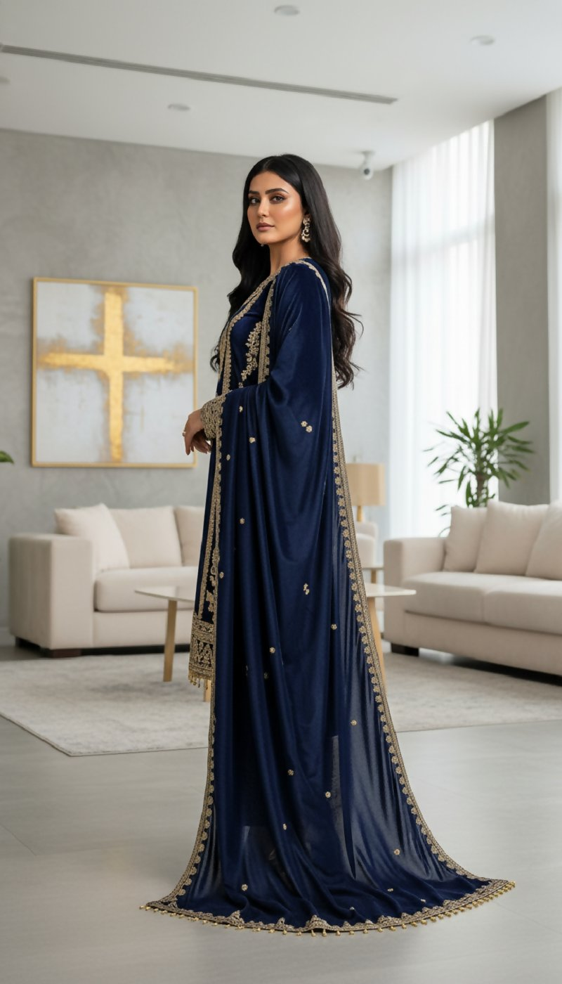Teeya Creation Blue Color Velvet Fabric Designer Embroidery Work Suit