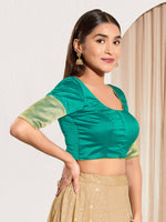 Thumbnail for Joban Fashion Rama Green Taffeta Silk Padded Blouse With Round Neck Elbow Sleeves - Distacart
