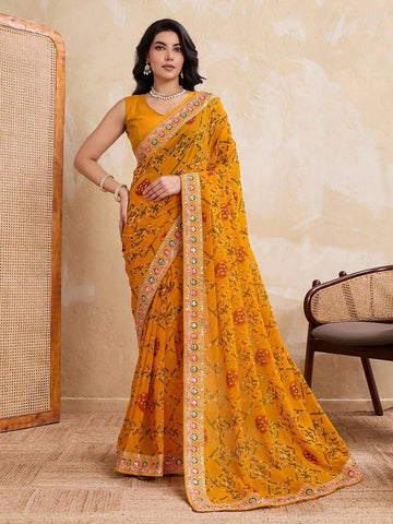 Teeya Creation Womens Stylish Simply Wedding Wear Georgette Saree-Yellow - Dista