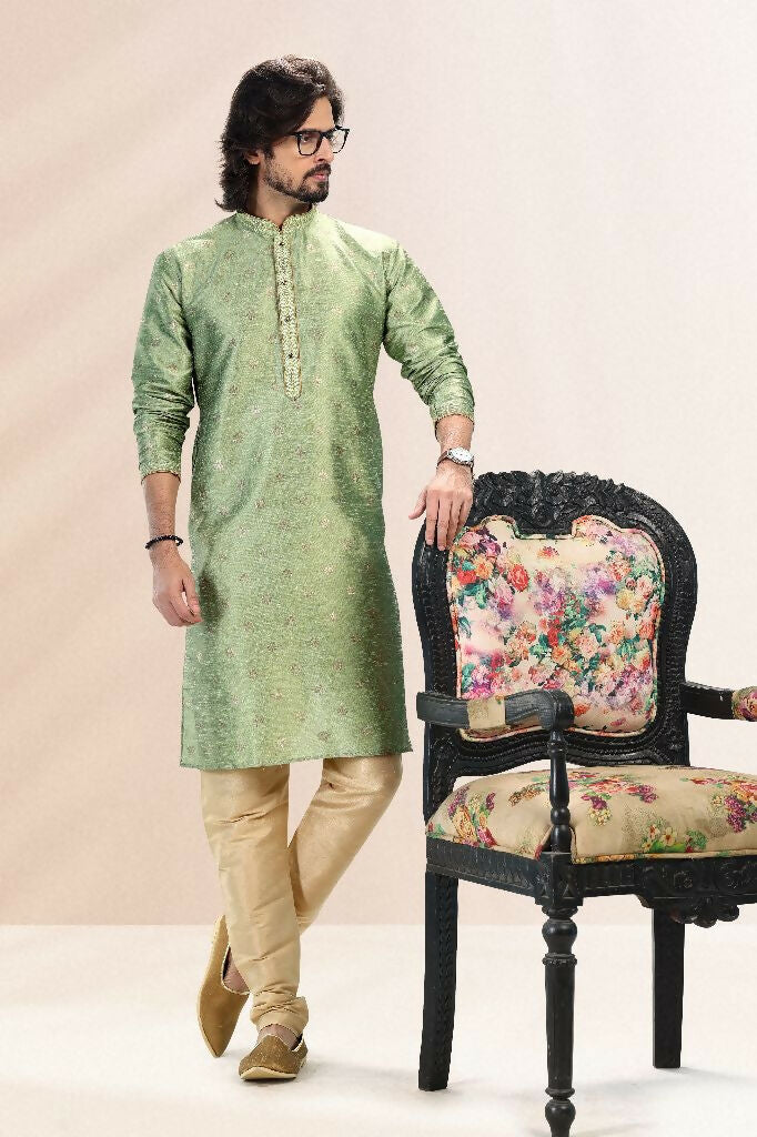 Raivat Ethnic Jacquard Banarasi Silk Pintux Work Kurta Pajama In Green Colour - Distacart