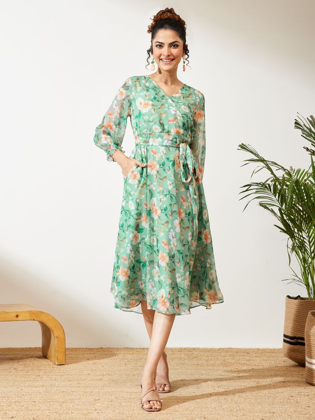 Janasya Mint Fit & Flare Chiffon Dress - Dista