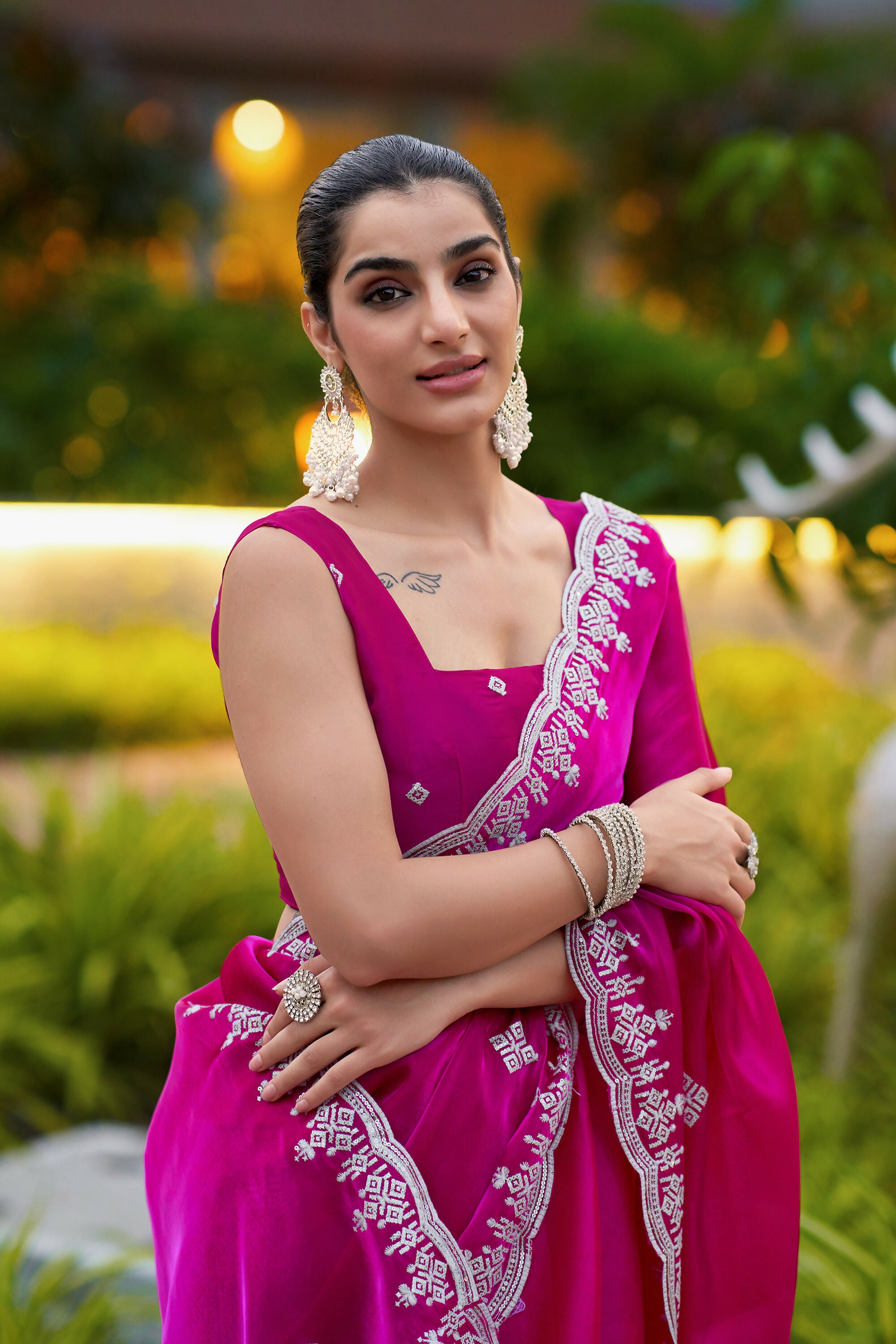 Vastranavya Pink Embroidery Work Shimmer Chiffon Saree with Unstitched Blouse