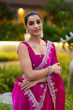 Thumbnail for Vastranavya Pink Embroidery Work Shimmer Chiffon Saree with Unstitched Blouse