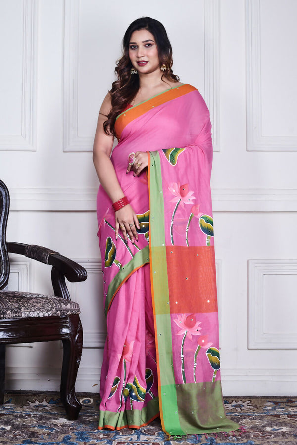 Morchari Multicolour Cotton Handloom Mirror Work Saree Unstitched Blouse