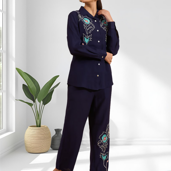 Joban Fashion Navy Blue Silk Embroidered Readymade Cord Set - Distacart