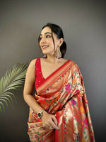 Thumbnail for Joban Fashion Peach Intricate Floral & Foliate Motifs Soft Silk Paithani Saree - Distacart